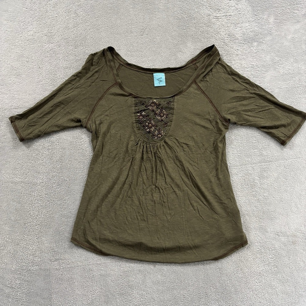 HIP Happy in the Present Top Women L Blouse Hippie Green Made in USA Vtg Boho